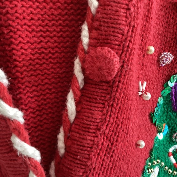 Vintage Bobbie Brooks Ugly Xmas Red Vest with Green Trees pearls sequins Large - Picture 3 of 5